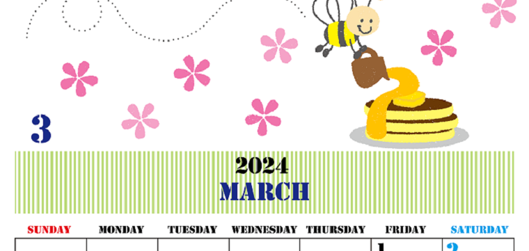 A4縦の2024年3月カレンダー♪花とスイーツのイラストがかわいいフリー素材♪