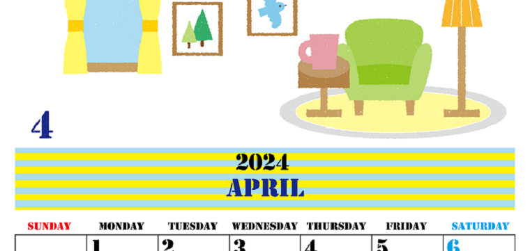 A4縦の2024年4月カレンダー♪春の新生活のイラストがかわいいフリー素材♪