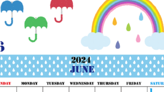 A4縦の2024年6月カレンダー♪梅雨の傘と虹のイラストがかわいいフリー素材♪
