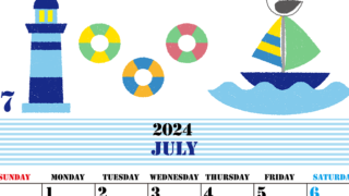 A4縦の2024年7月カレンダー♪海水浴を思わせるイラストがかわいいフリー素材♪