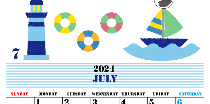 A4縦の2024年7月カレンダー♪海水浴を思わせるイラストがかわいいフリー素材♪