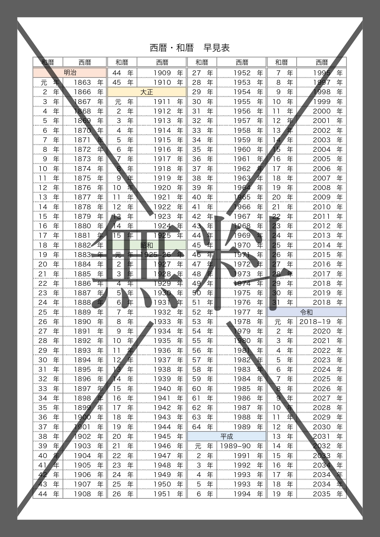 西暦と和暦の比較表（早見表）PDFでA4サイズの印刷用・Excel・Wordで年齢や学年を作成のテンプレートを無料ダウンロード